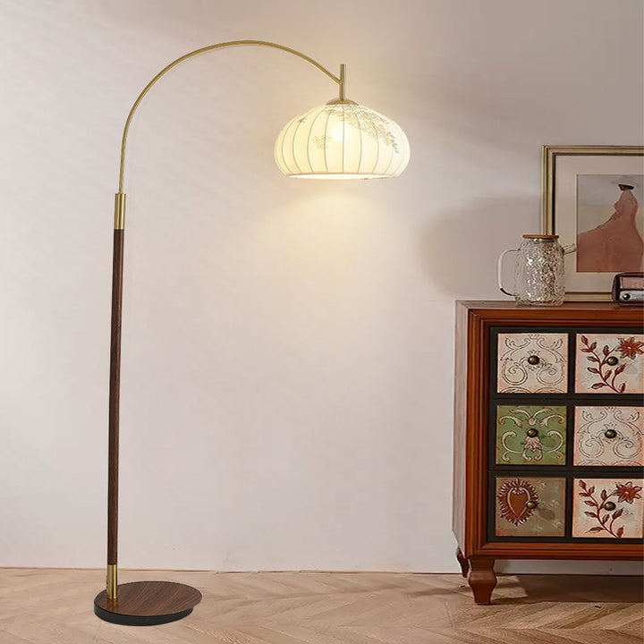 Lampe de sol avec tige de pêche chinoise traditionnelle, cône ovale rond en fer et tissu, 1 lumière pour salon 