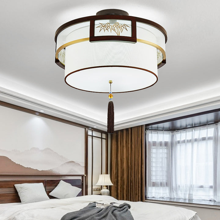 Pampilles chinoises traditionnelles rondes en bambou sculpté tissu bois laiton plafonnier semi-encastré 3/5 lumières pour salon 