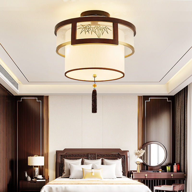 Pampilles chinoises traditionnelles rondes en bambou sculpté tissu bois laiton plafonnier semi-encastré 3/5 lumières pour salon 