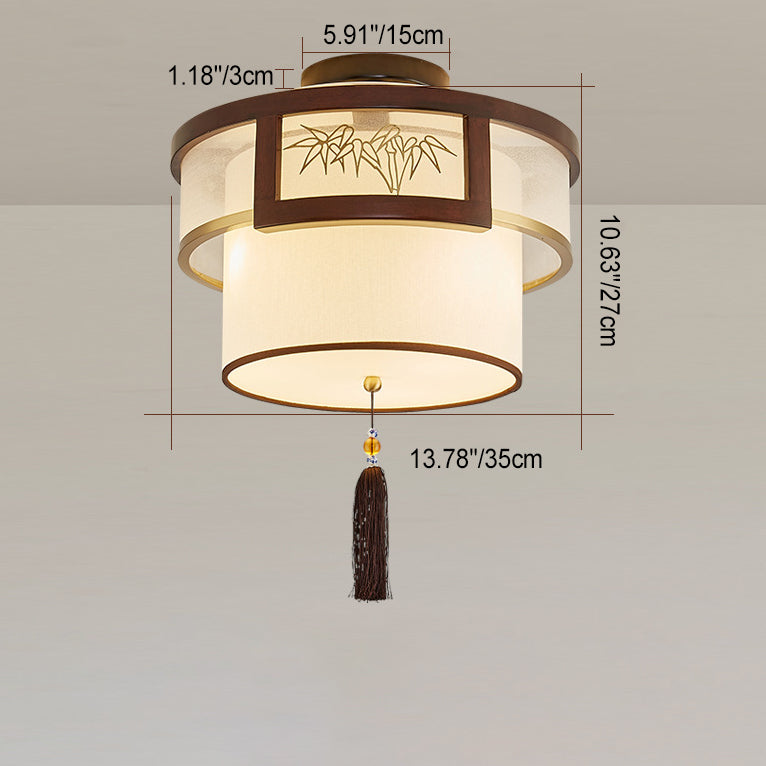 Pampilles chinoises traditionnelles rondes en bambou sculpté tissu bois laiton plafonnier semi-encastré 3/5 lumières pour salon 