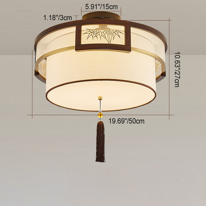 Pampilles chinoises traditionnelles rondes en bambou sculpté tissu bois laiton plafonnier semi-encastré 3/5 lumières pour salon 
