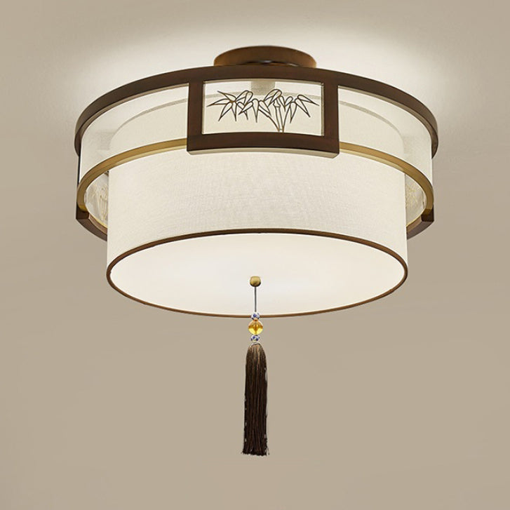 Pampilles chinoises traditionnelles rondes en bambou sculpté tissu bois laiton plafonnier semi-encastré 3/5 lumières pour salon 
