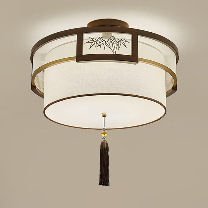 Pampilles chinoises traditionnelles rondes en bambou sculpté tissu bois laiton plafonnier semi-encastré 3/5 lumières pour salon 
