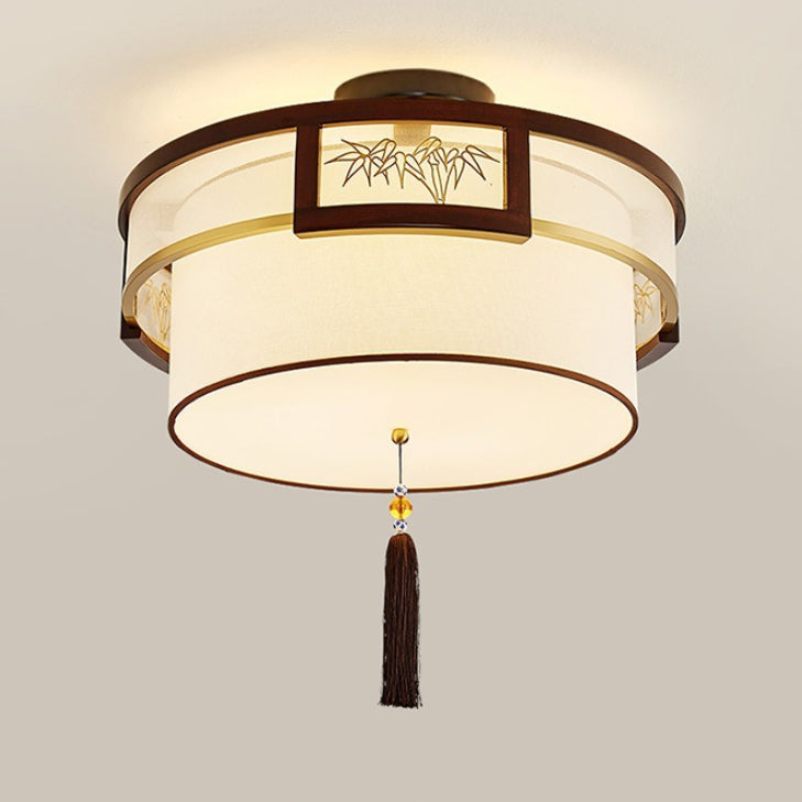 Pampilles chinoises traditionnelles rondes en bambou sculpté tissu bois laiton plafonnier semi-encastré 3/5 lumières pour salon 