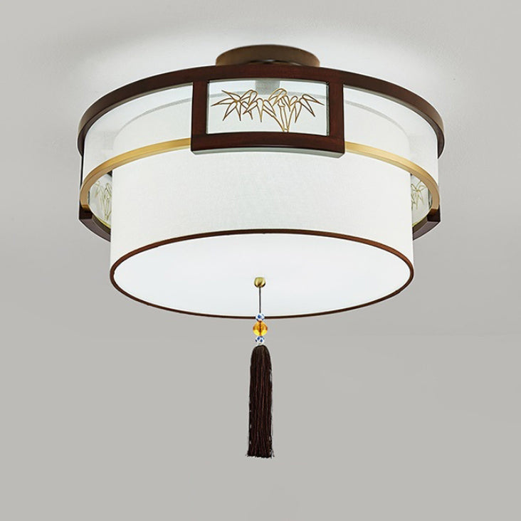 Pampilles chinoises traditionnelles rondes en bambou sculpté tissu bois laiton plafonnier semi-encastré 3/5 lumières pour salon 