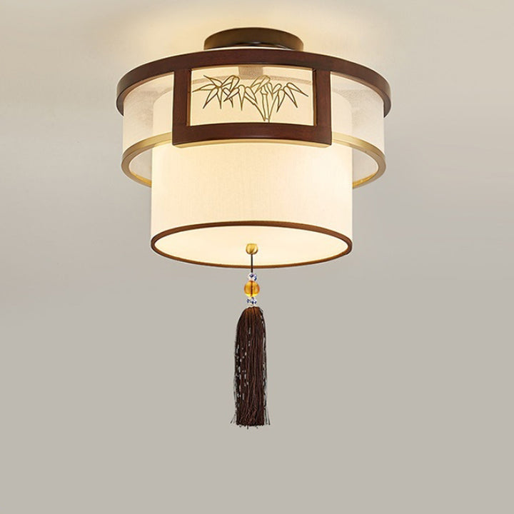 Pampilles chinoises traditionnelles rondes en bambou sculpté tissu bois laiton plafonnier semi-encastré 3/5 lumières pour salon 