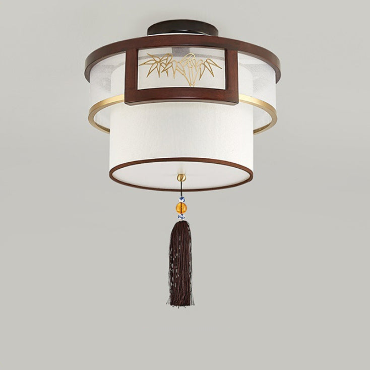 Pampilles chinoises traditionnelles rondes en bambou sculpté tissu bois laiton plafonnier semi-encastré 3/5 lumières pour salon 
