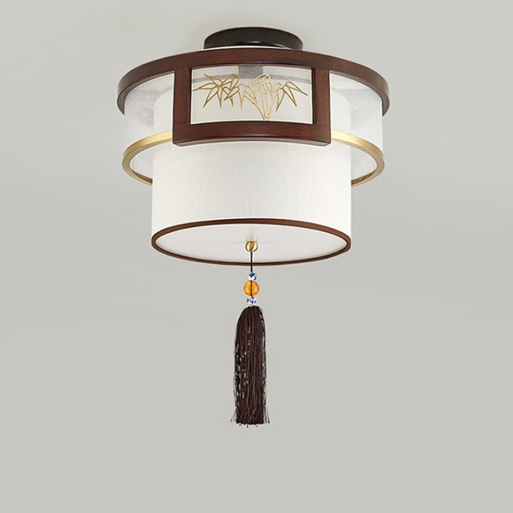 Pampilles chinoises traditionnelles rondes en bambou sculpté tissu bois laiton plafonnier semi-encastré 3/5 lumières pour salon 