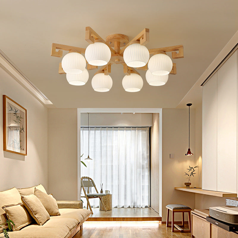 Chandeliers Traditionnels en Bois Massif Chinois avec Verre Rayé et Abat-jour en Globe Rond Branche 5/8 Lumières pour Salon 