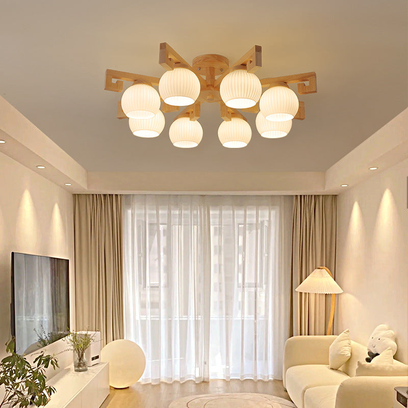 Chandeliers Traditionnels en Bois Massif Chinois avec Verre Rayé et Abat-jour en Globe Rond Branche 5/8 Lumières pour Salon 