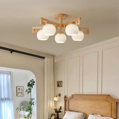 Chandeliers Traditionnels en Bois Massif Chinois avec Verre Rayé et Abat-jour en Globe Rond Branche 5/8 Lumières pour Salon 