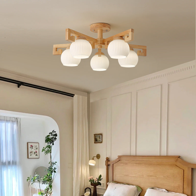 Chandeliers Traditionnels en Bois Massif Chinois avec Verre Rayé et Abat-jour en Globe Rond Branche 5/8 Lumières pour Salon 