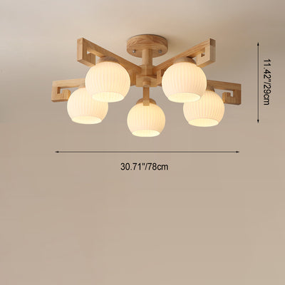 Chandeliers Traditionnels en Bois Massif Chinois avec Verre Rayé et Abat-jour en Globe Rond Branche 5/8 Lumières pour Salon 