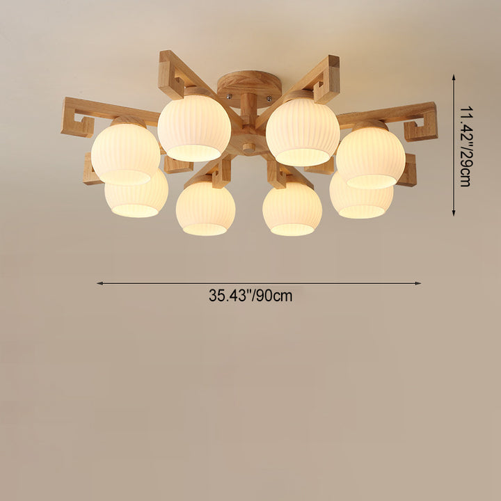 Chandeliers Traditionnels en Bois Massif Chinois avec Verre Rayé et Abat-jour en Globe Rond Branche 5/8 Lumières pour Salon 