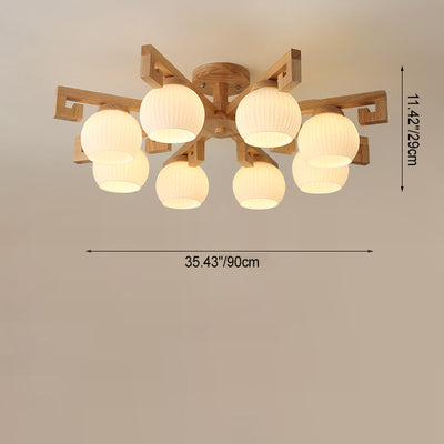 Chandeliers Traditionnels en Bois Massif Chinois avec Verre Rayé et Abat-jour en Globe Rond Branche 5/8 Lumières pour Salon 