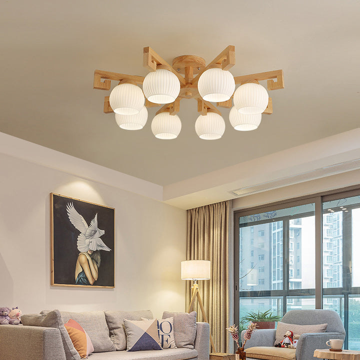 Chandeliers Traditionnels en Bois Massif Chinois avec Verre Rayé et Abat-jour en Globe Rond Branche 5/8 Lumières pour Salon 