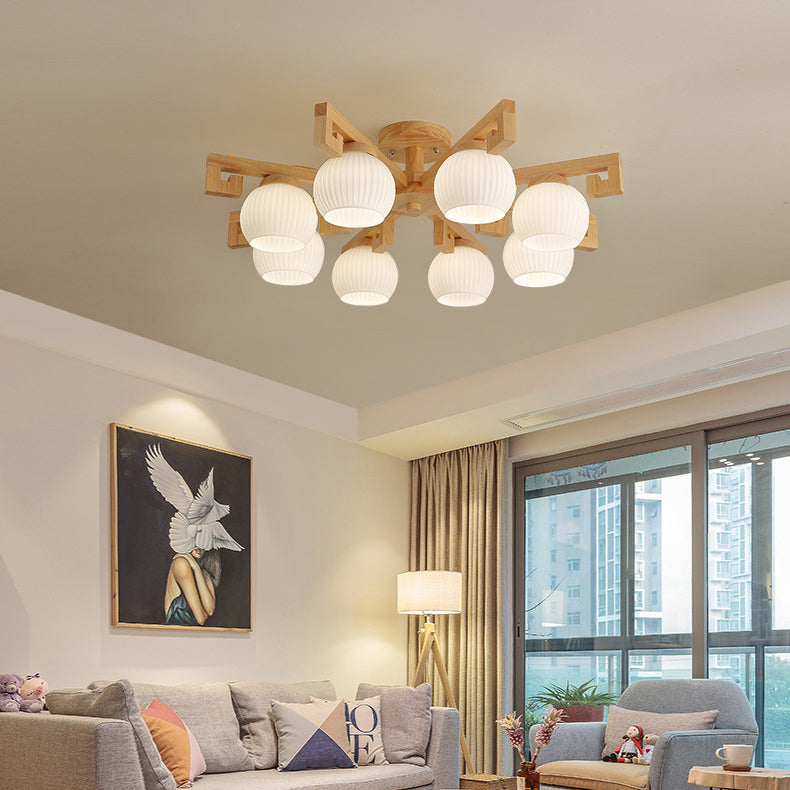 Chandeliers Traditionnels en Bois Massif Chinois avec Verre Rayé et Abat-jour en Globe Rond Branche 5/8 Lumières pour Salon 