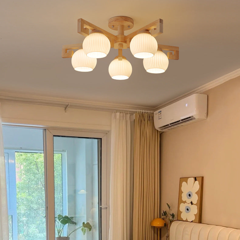Chandeliers Traditionnels en Bois Massif Chinois avec Verre Rayé et Abat-jour en Globe Rond Branche 5/8 Lumières pour Salon 