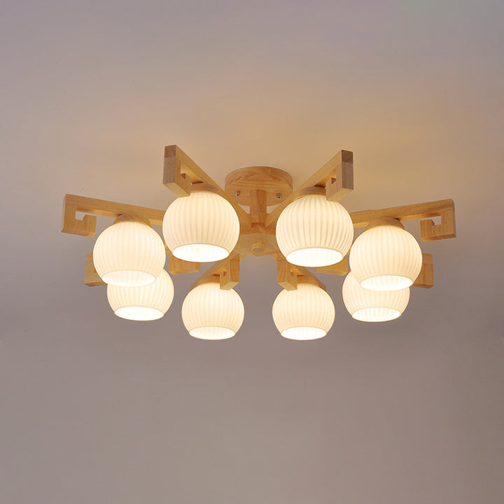 Chandeliers Traditionnels en Bois Massif Chinois avec Verre Rayé et Abat-jour en Globe Rond Branche 5/8 Lumières pour Salon 