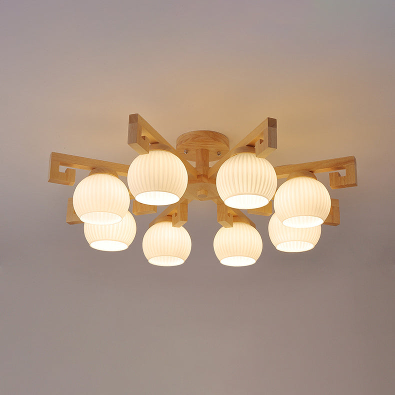 Chandeliers Traditionnels en Bois Massif Chinois avec Verre Rayé et Abat-jour en Globe Rond Branche 5/8 Lumières pour Salon 