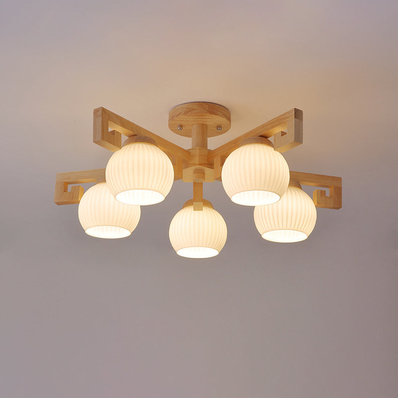 Chandeliers Traditionnels en Bois Massif Chinois avec Verre Rayé et Abat-jour en Globe Rond Branche 5/8 Lumières pour Salon 