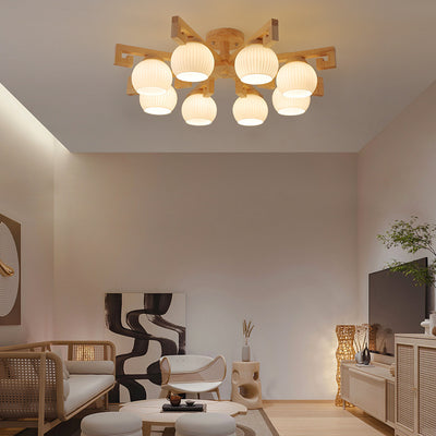 Chandeliers Traditionnels en Bois Massif Chinois avec Verre Rayé et Abat-jour en Globe Rond Branche 5/8 Lumières pour Salon 