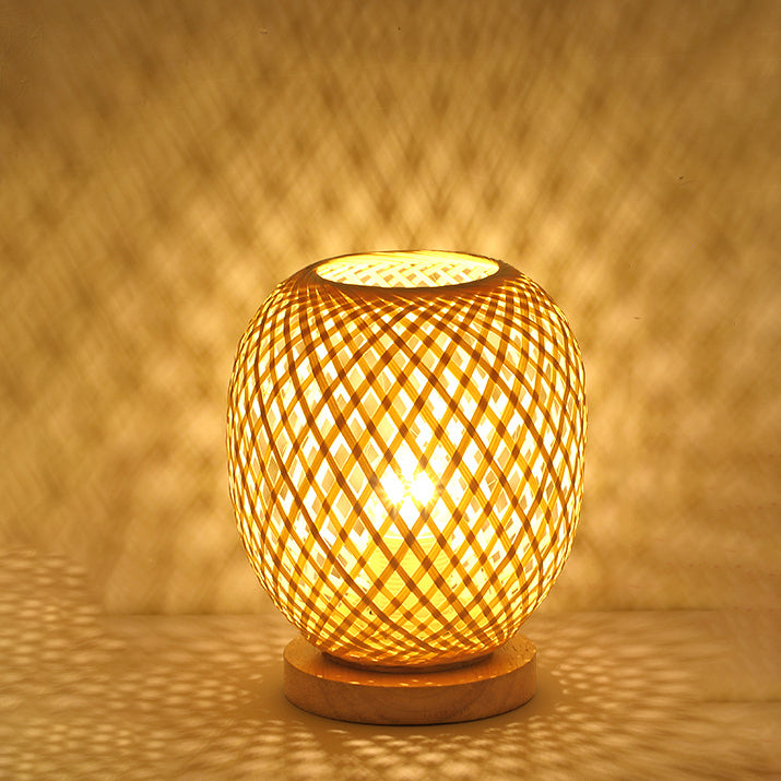 Lampe de table contemporaine en bois de bambou tissé en forme de lanterne à 1 lumière pour chambre 