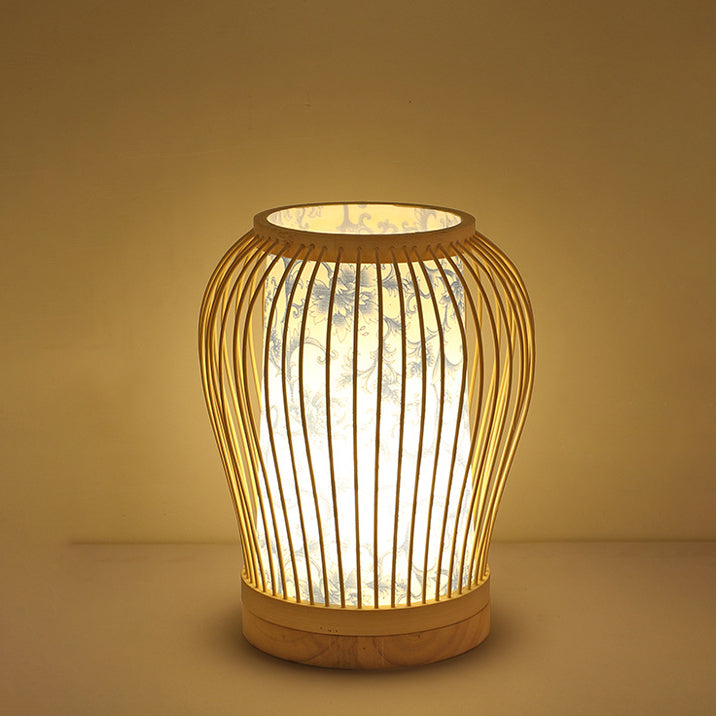 Lampe de table contemporaine en bois de bambou tissé en forme de lanterne à 1 lumière pour chambre 