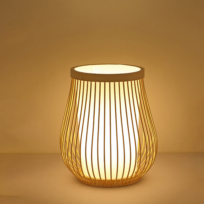 Lampe de table contemporaine en bois de bambou tissé en forme de lanterne à 1 lumière pour chambre 