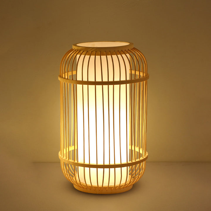 Lampe de table contemporaine en bois de bambou tissé en forme de lanterne à 1 lumière pour chambre 