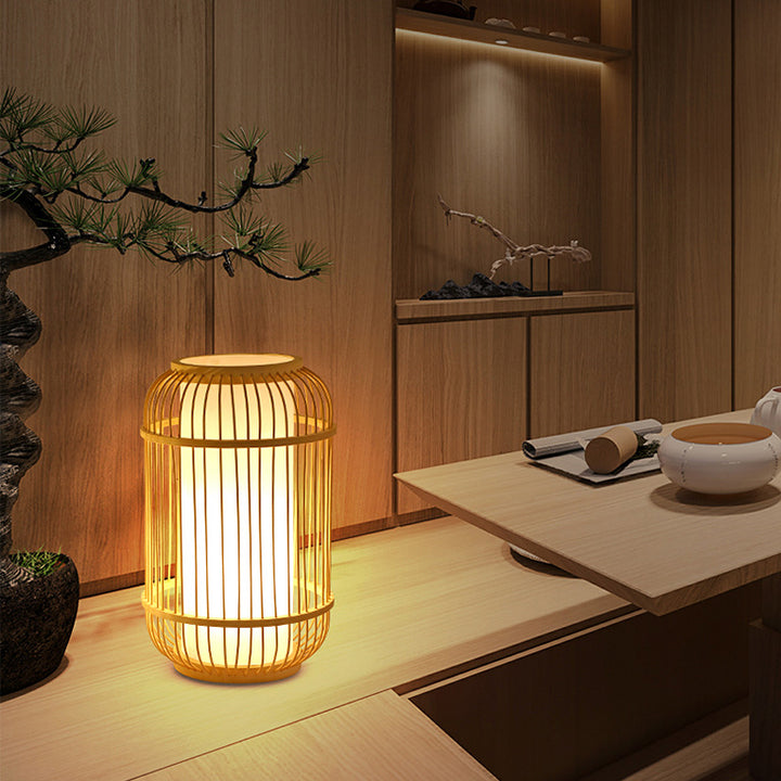 Lampe de table contemporaine en bois de bambou tissé en forme de lanterne à 1 lumière pour chambre 