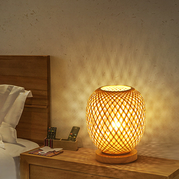 Lampe de table contemporaine en bois de bambou tissé en forme de lanterne à 1 lumière pour chambre 
