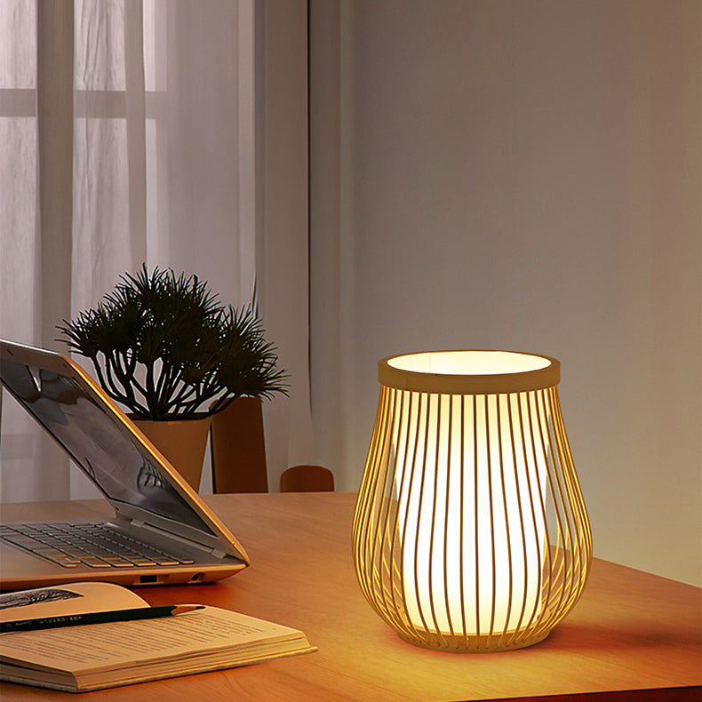 Lampe de table contemporaine en bois de bambou tissé en forme de lanterne à 1 lumière pour chambre 