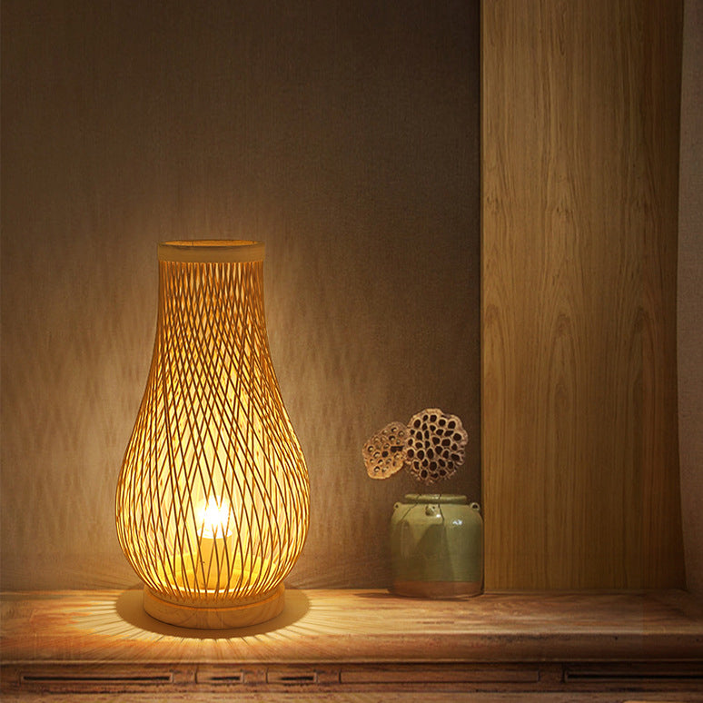 Lampe de table contemporaine en bois de bambou tissé en forme de lanterne à 1 lumière pour chambre 