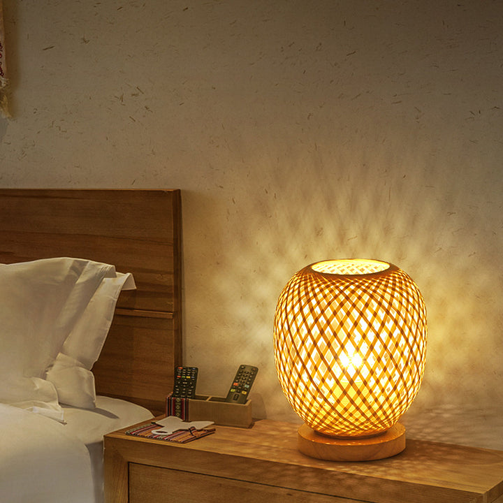 Lámpara de Mesa de 1 Luz con Forma de Linterna de Tejido de Bambú de Madera Boho Contemporáneo para Dormitorio 