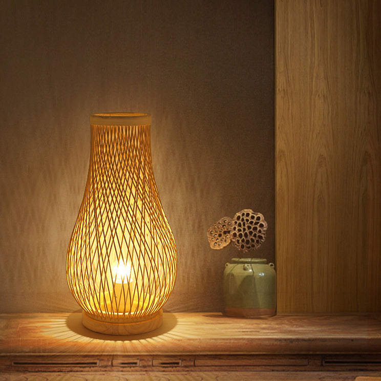 Lampe de table contemporaine en bois de bambou tissé en forme de lanterne à 1 lumière pour chambre 