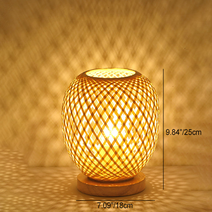 Lámpara de Mesa de 1 Luz con Forma de Linterna de Tejido de Bambú de Madera Boho Contemporáneo para Dormitorio 