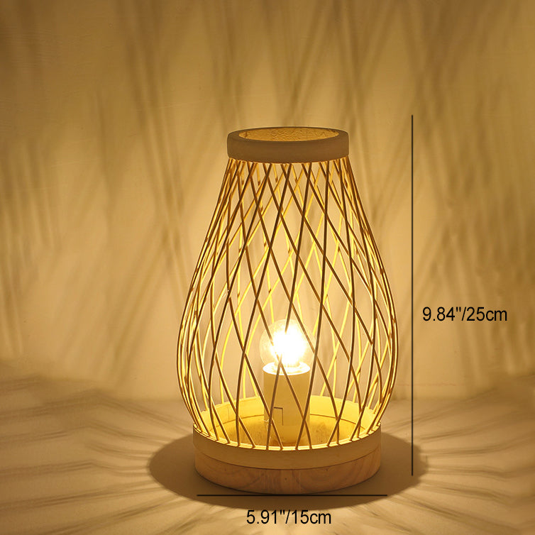 Lampe de table contemporaine en bois de bambou tissé en forme de lanterne à 1 lumière pour chambre 