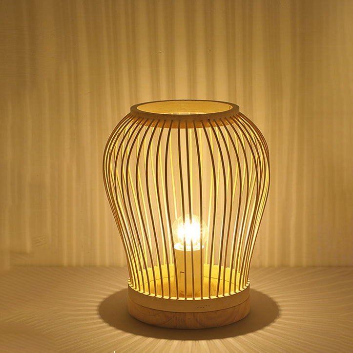 Lampe de table contemporaine en bois de bambou tissé en forme de lanterne à 1 lumière pour chambre 