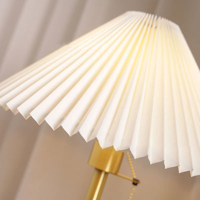 Zeitgenössische Retro-Zugkordel Tischlampe mit rundem Sockel und plissiertem Leinen, 1-Licht für das Schlafzimmer 