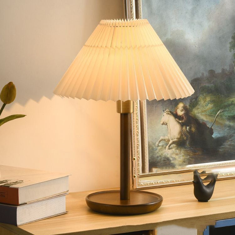 Zeitgenössische Retro-Zugkordel Tischlampe mit rundem Sockel und plissiertem Leinen, 1-Licht für das Schlafzimmer 