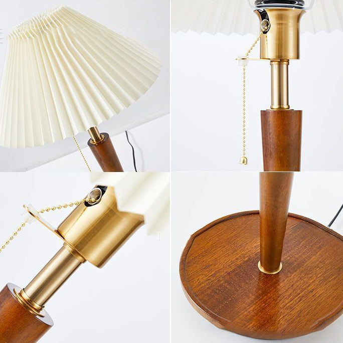 Zeitgenössische Retro-Zugkordel Tischlampe mit rundem Sockel und plissiertem Leinen, 1-Licht für das Schlafzimmer 