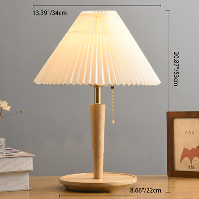 Zeitgenössische Retro-Zugkordel Tischlampe mit rundem Sockel und plissiertem Leinen, 1-Licht für das Schlafzimmer 