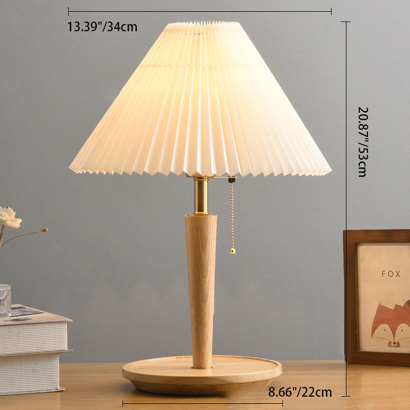 Zeitgenössische Retro-Zugkordel Tischlampe mit rundem Sockel und plissiertem Leinen, 1-Licht für das Schlafzimmer 