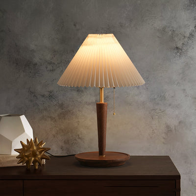 Zeitgenössische Retro-Zugkordel Tischlampe mit rundem Sockel und plissiertem Leinen, 1-Licht für das Schlafzimmer 