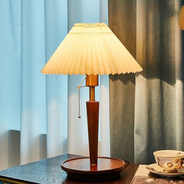 Zeitgenössische Retro-Zugkordel Tischlampe mit rundem Sockel und plissiertem Leinen, 1-Licht für das Schlafzimmer 