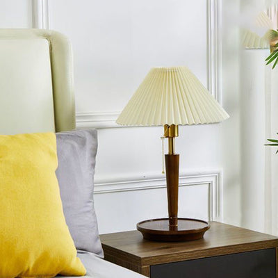 Zeitgenössische Retro-Zugkordel Tischlampe mit rundem Sockel und plissiertem Leinen, 1-Licht für das Schlafzimmer 