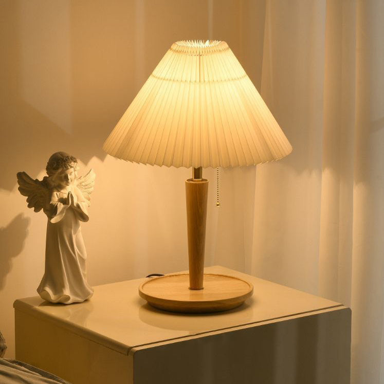 Zeitgenössische Retro-Zugkordel Tischlampe mit rundem Sockel und plissiertem Leinen, 1-Licht für das Schlafzimmer 