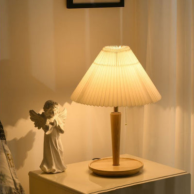Zeitgenössische Retro-Zugkordel Tischlampe mit rundem Sockel und plissiertem Leinen, 1-Licht für das Schlafzimmer 