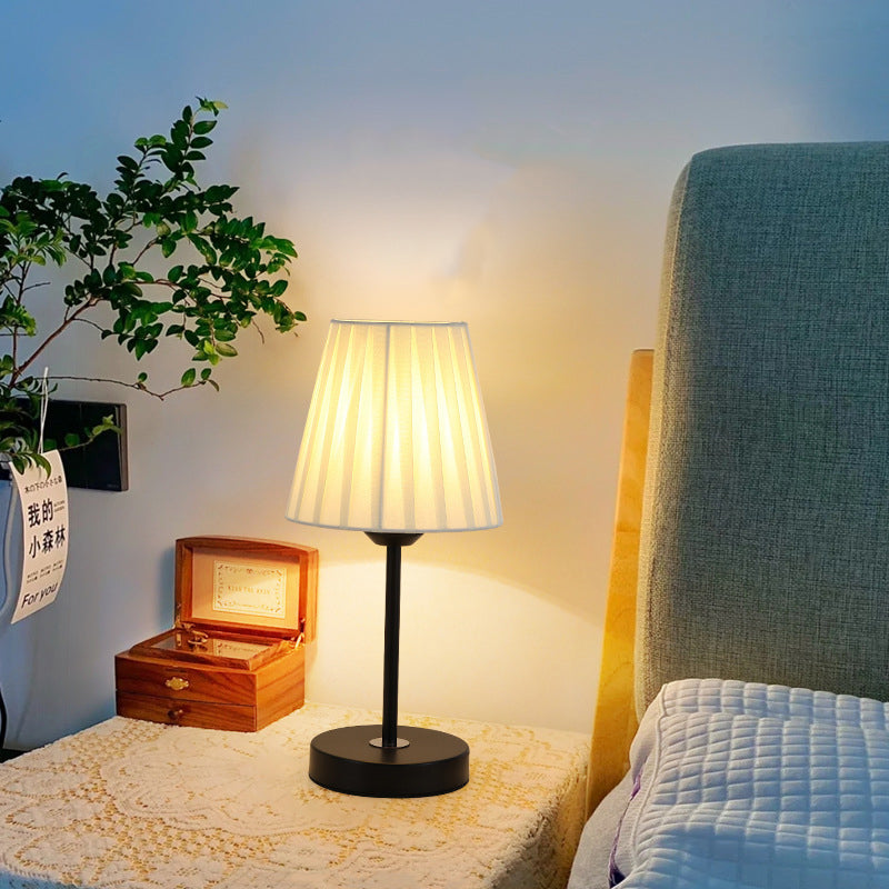 Contemporary Nordic Pleated Drum Shade Fabric Iron 1-Light Table Lamp For Bedroom